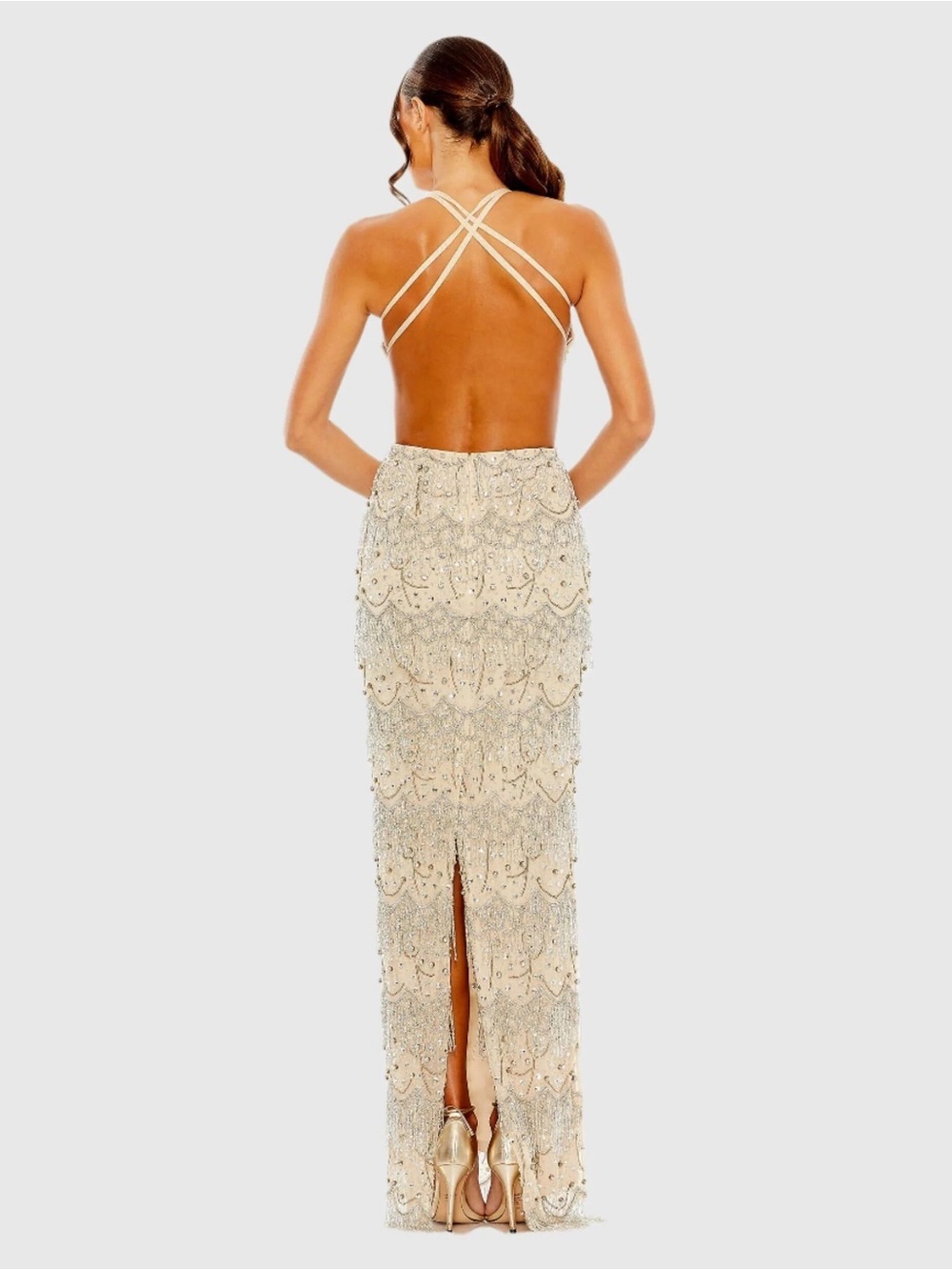 Mac Duggal 93956 Nude Open Back Cut Out Fringe Embellished Gown Size 4 NWT - Picture 4 of 12